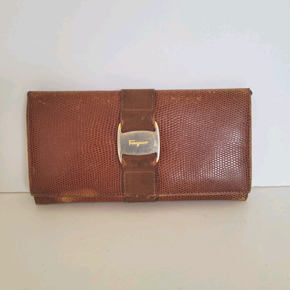 Salvatore Ferragamo Vara Wallet Leather Croc Embossed Brown Large Envelope Logo